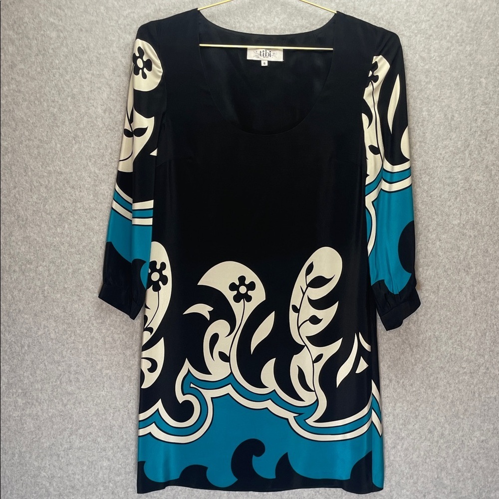 Tibi Silk Mod Y2K Floral Black Blue Abstract Mini Dress - Picture 1 of 6